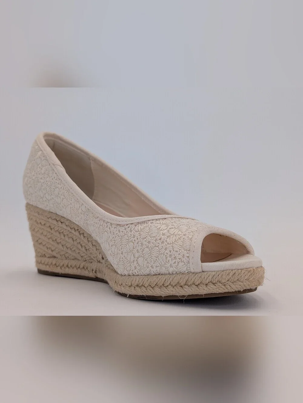 Bandolino Nuri Sz 6.5M Natural Linen Floral Espadrille Jute-Wrapped Wedge Sandal